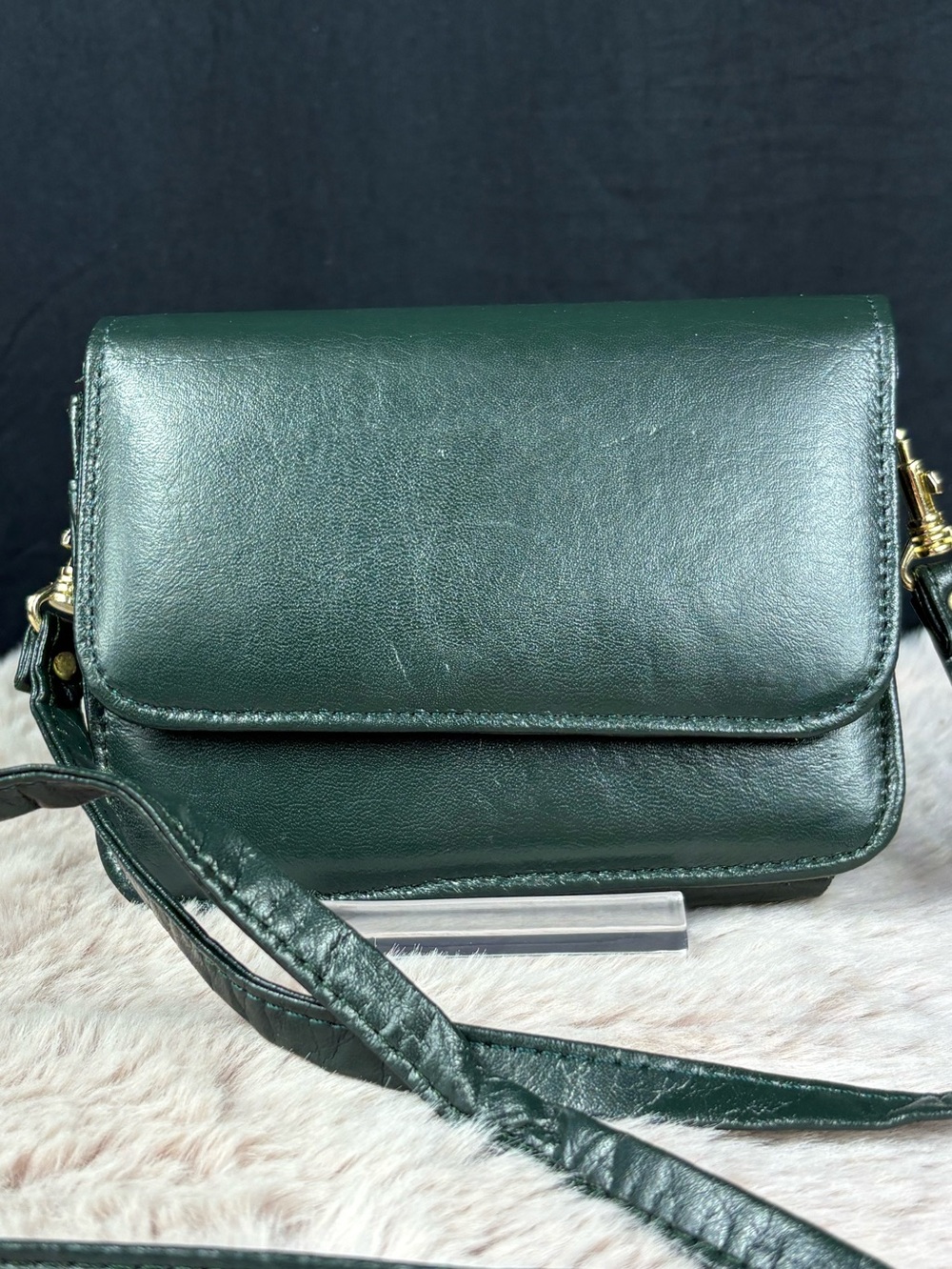 Genuine Leather Deep Forest Green Belt Bag Crossbody Clutch Gold Tone Hardware